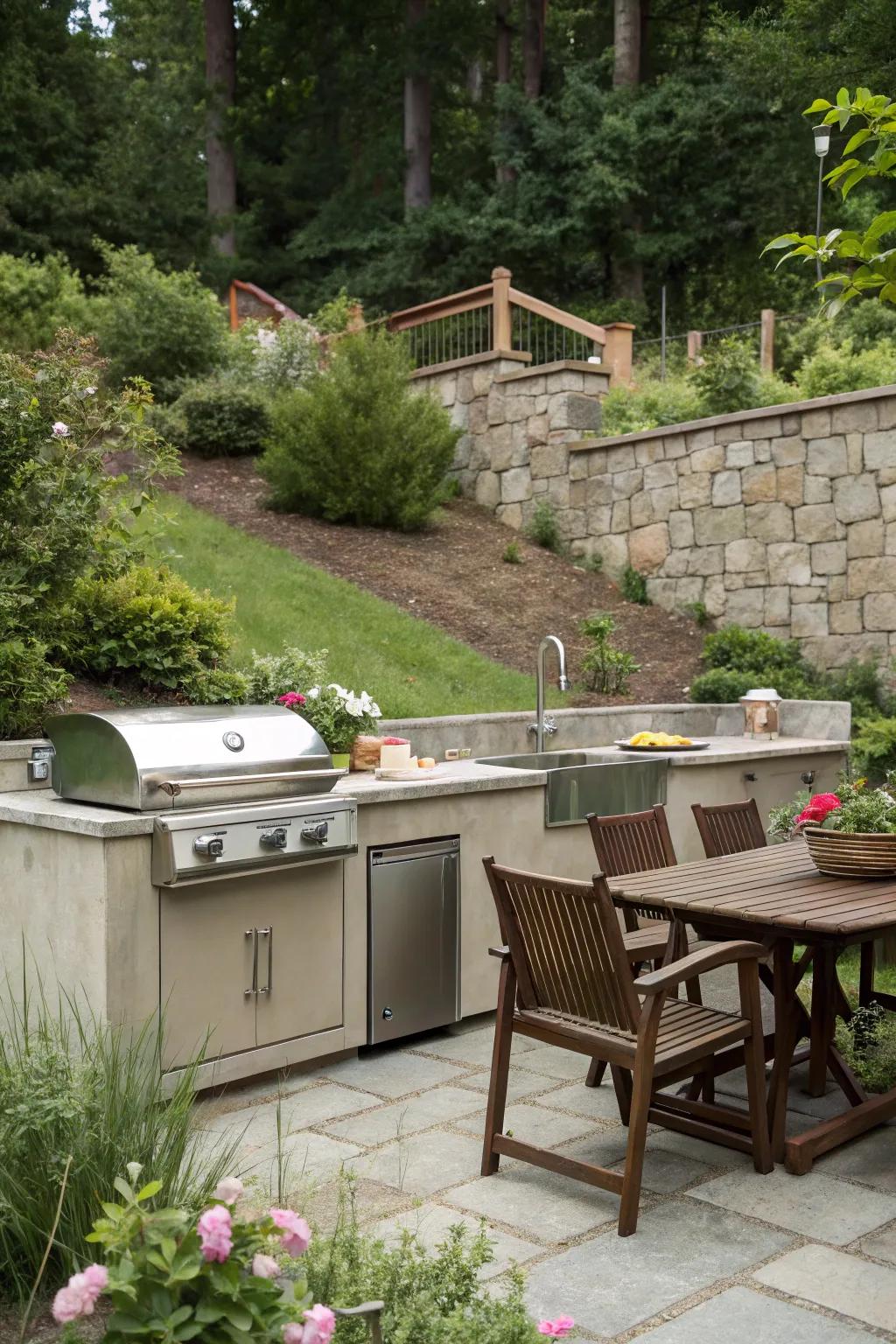 Outdoor kitchen beautifully highlighted by a retaining wall backdrop.