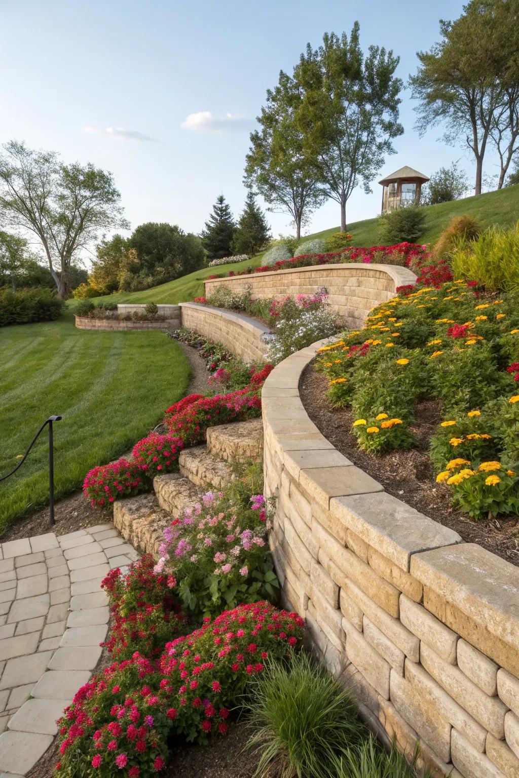 Curved retaining walls introduce a vibrant flow to the scenery.