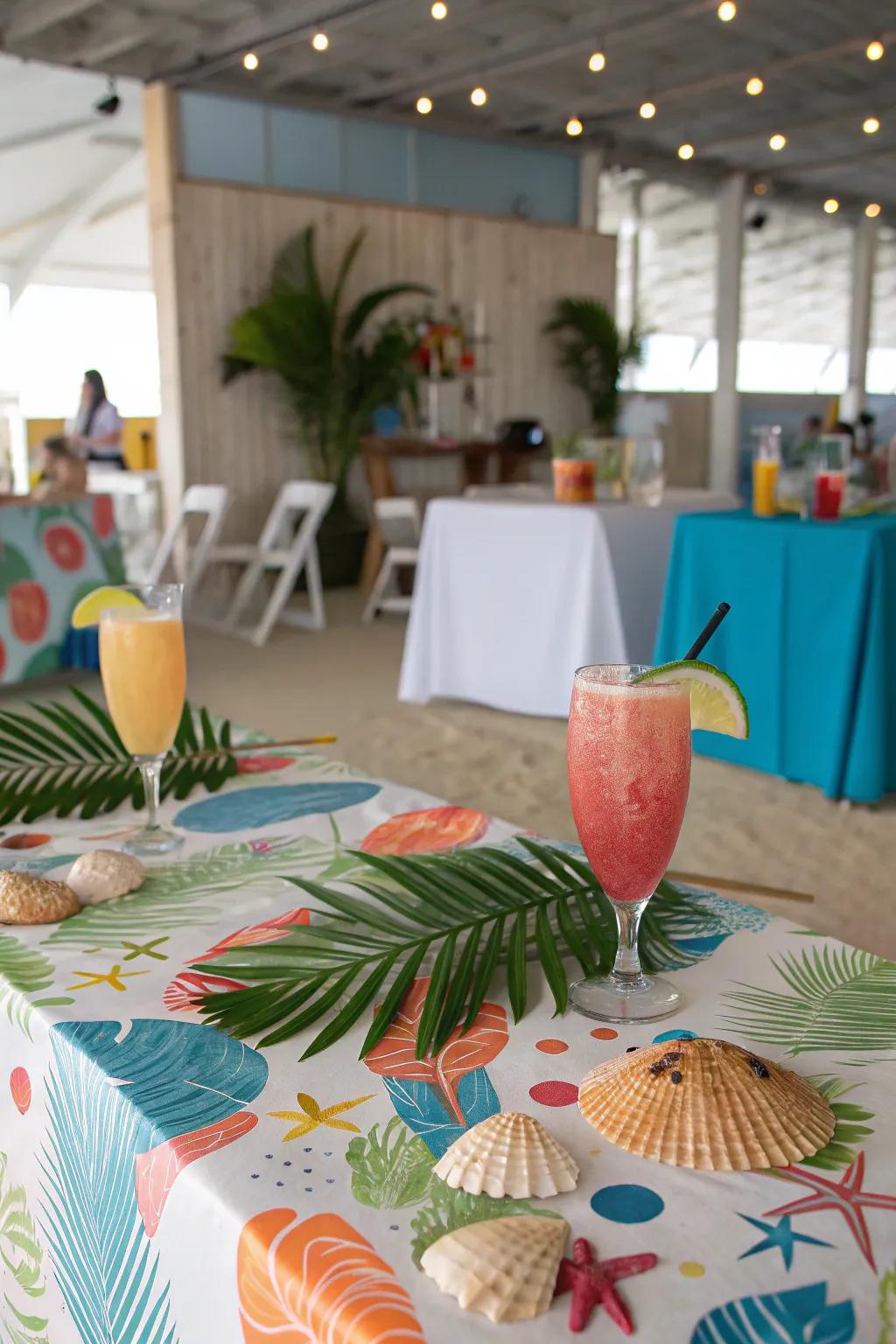 A beach-themed celebration setup with tropical decorations.