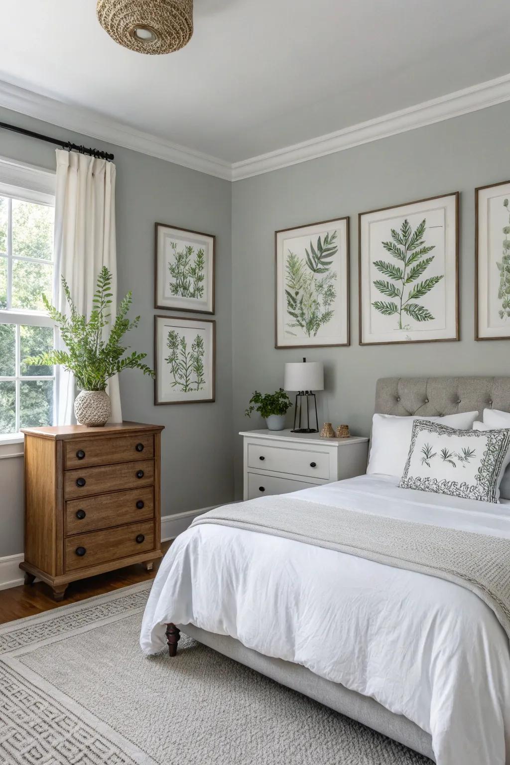 Botanical prints introduce a fresh, natural vibe to a Stone Echo bedroom.