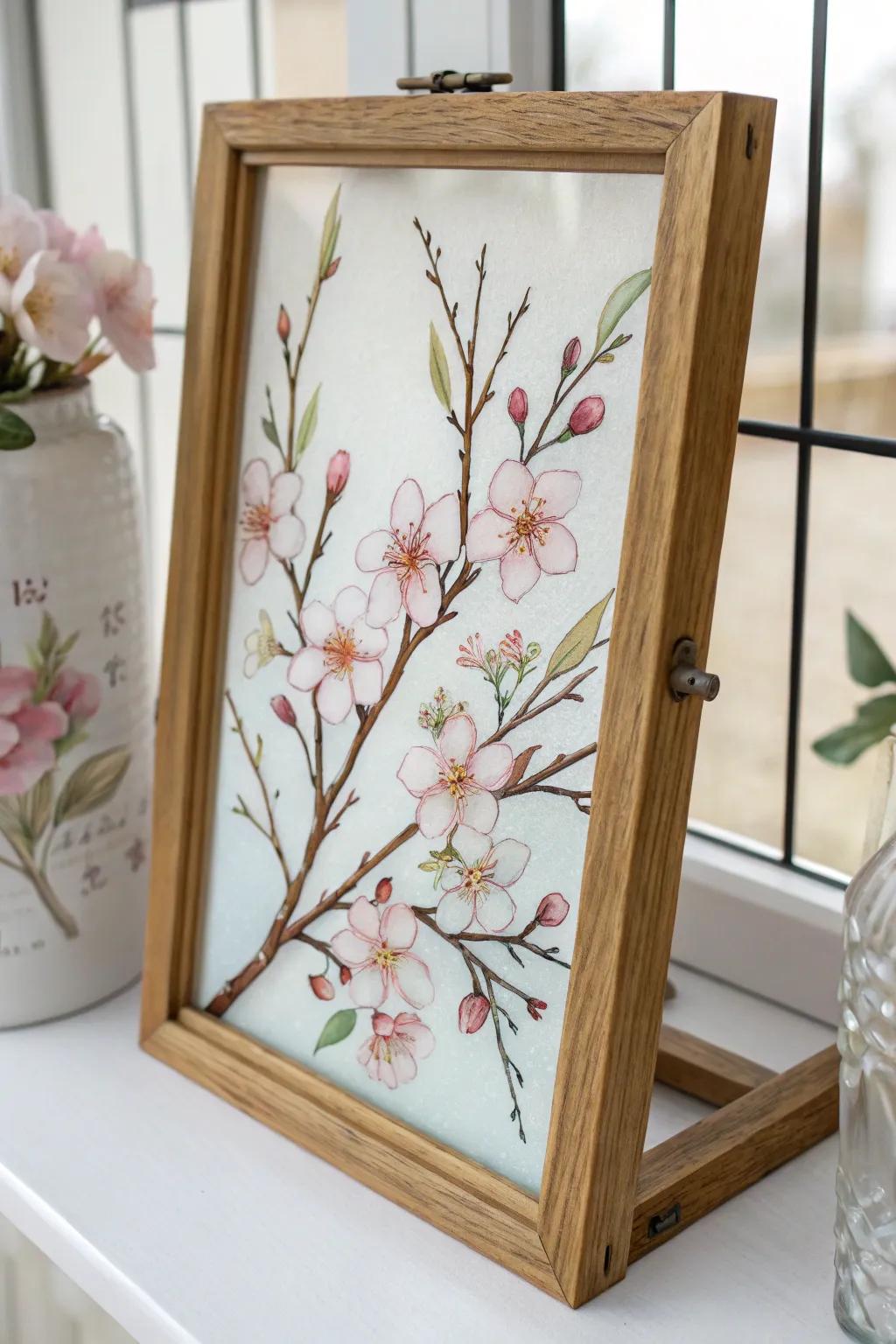 Capture the essence of spring having a minimalist reverse glass painting that gives nature's natural beauty indoors.