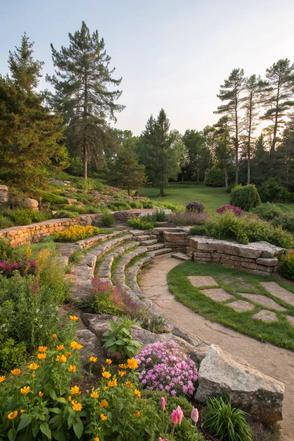 A stone amphitheater proffers a stunning venue for exterior get-togethers.