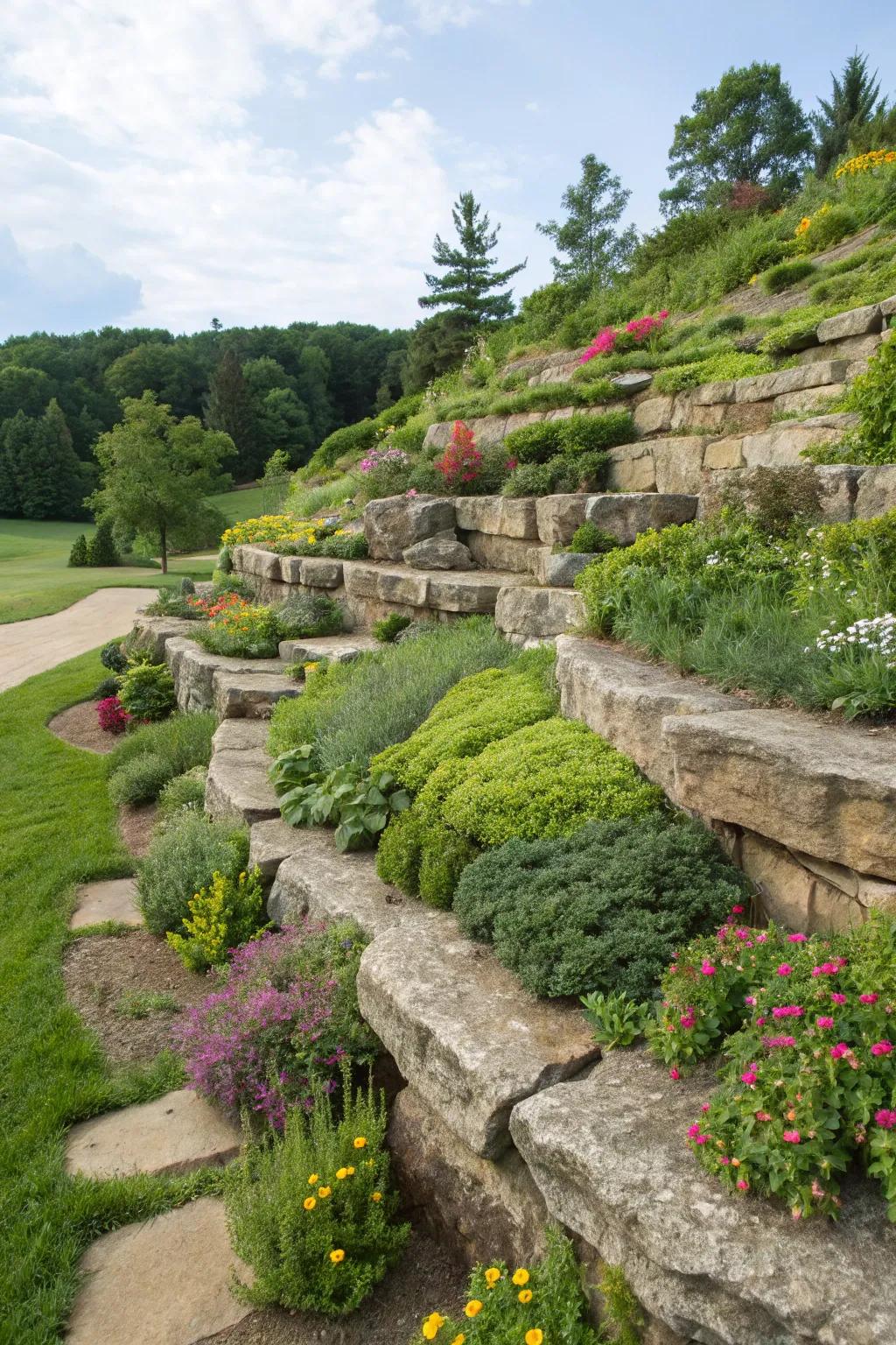A terraced stone garden showcasing vibrant plantings on multiple levels.