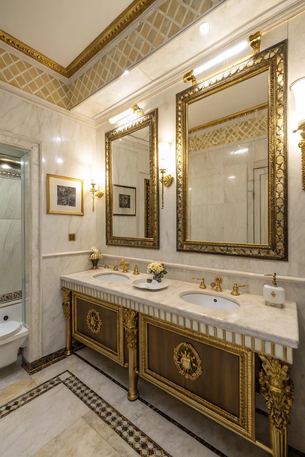 Golden features add a majestic detail to this opulent bathroom.