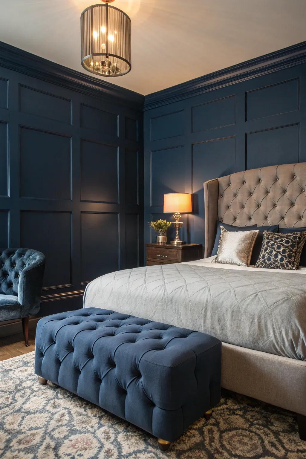 Tufted furniture includes classic luxury to a comfortable deep blue room.
