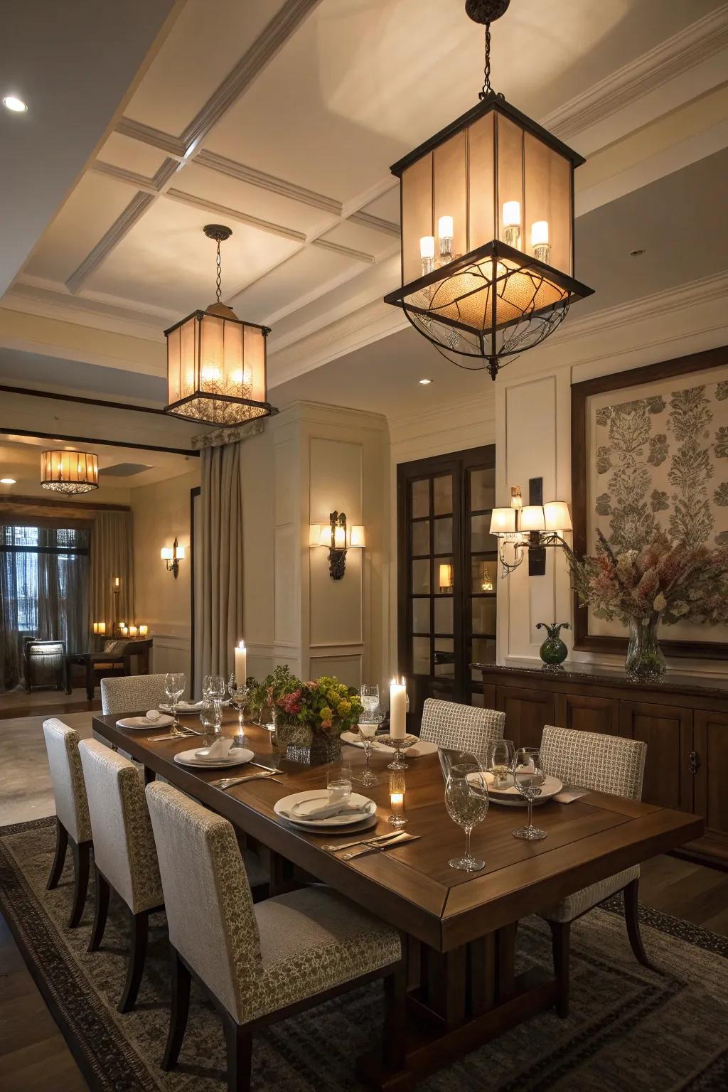 Layered lighting designs offer versatility and depth to your romantic dining space.