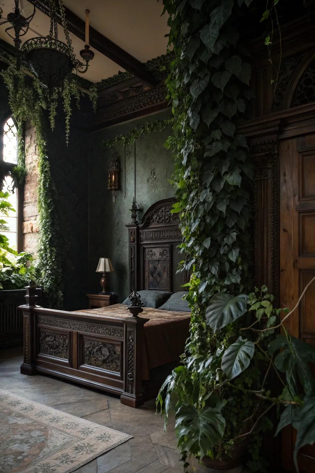 Dark foliage plants introduce a refreshing gothic variation to the décor.