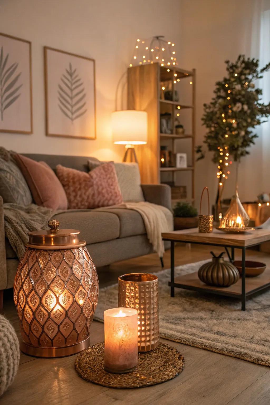Gentle ambient lighting with a sunset sheen coating creates a relaxing ambiance.