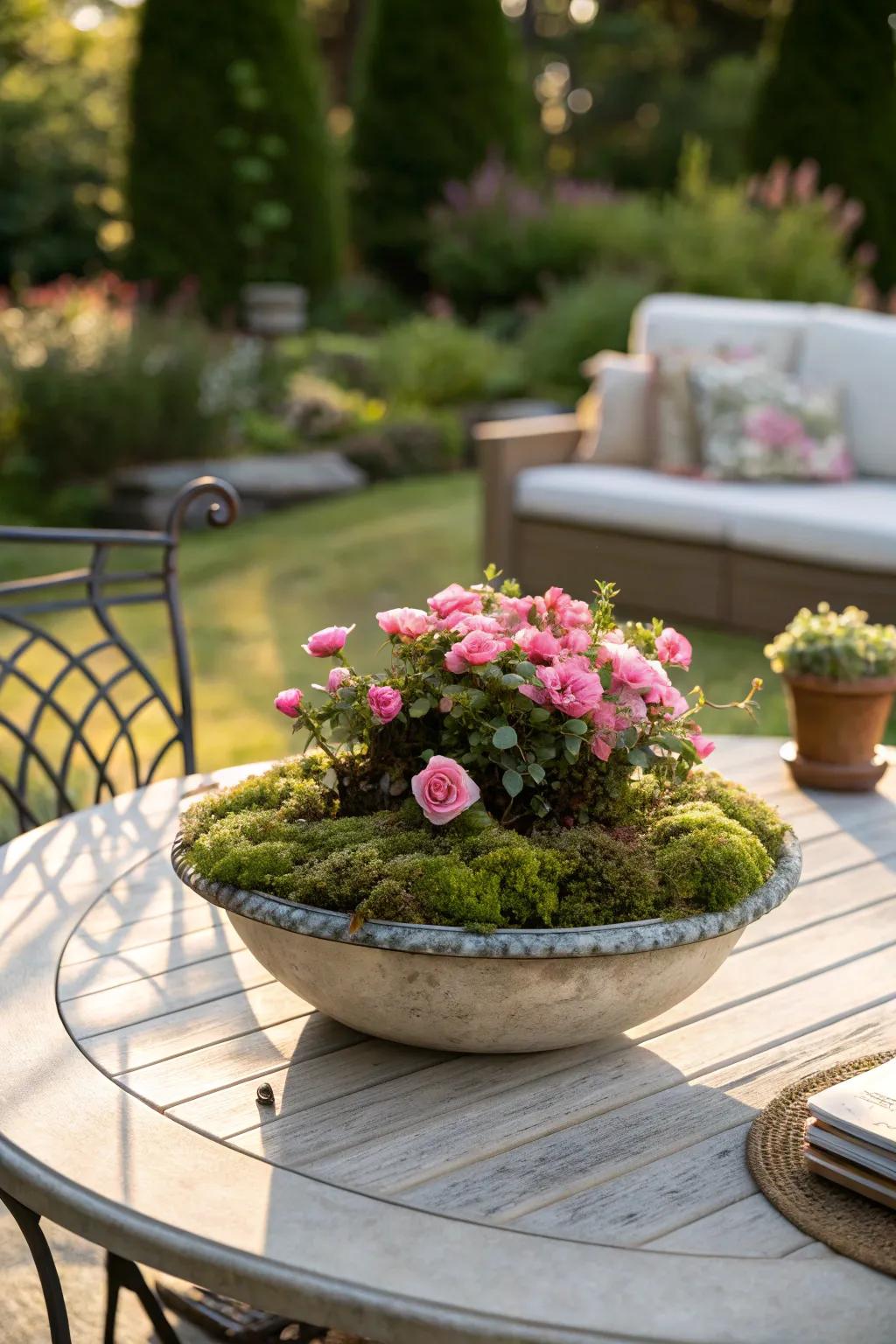 Introduce color to your exterior dining using a sun rose centerpiece.