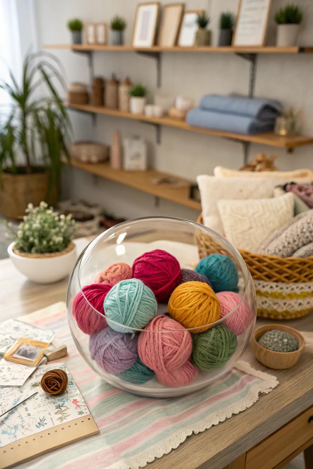 Yarn balls in a glass bowl create a comfortable and welcoming atmosphere.