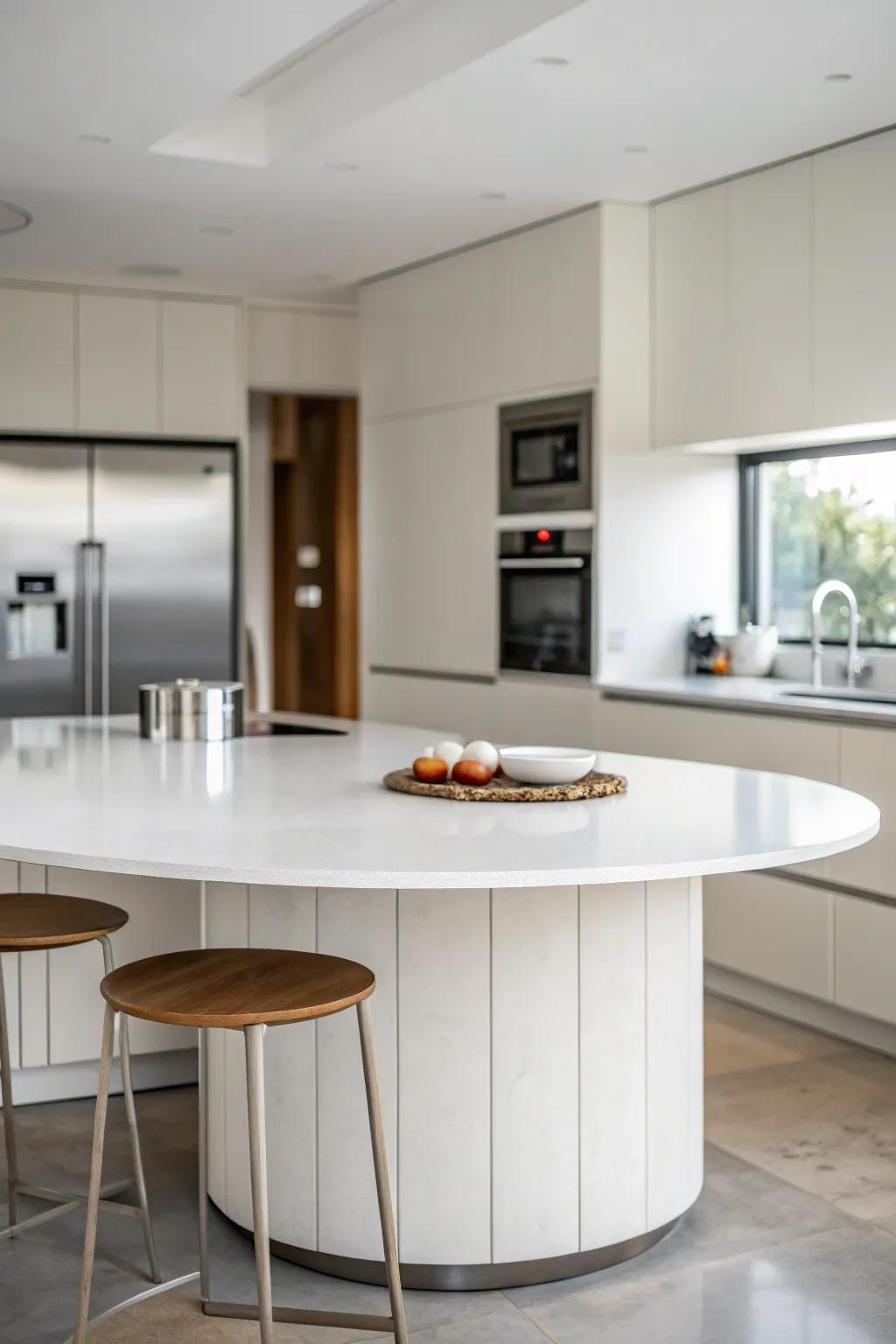 Minimalist design with sharp lines establishes a tranquil kitchen atmosphere.
