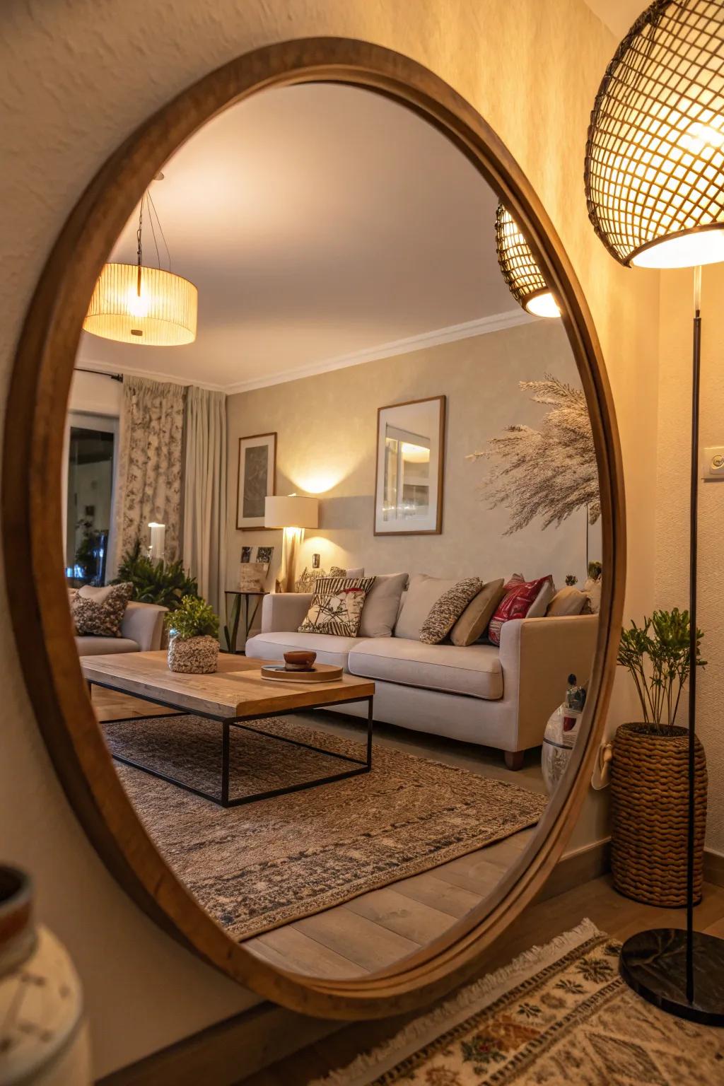Unconventional placement of a circular mirror adding distinctive charm.