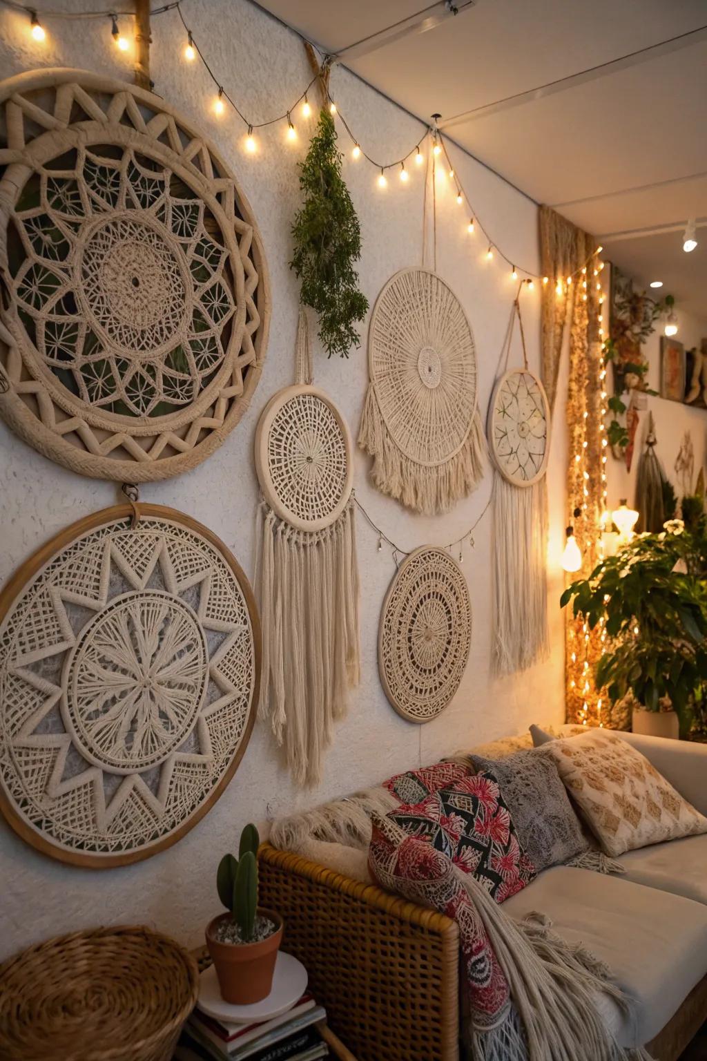 A bohemian-style room showcasing circular knotted wall hangings that add texture.