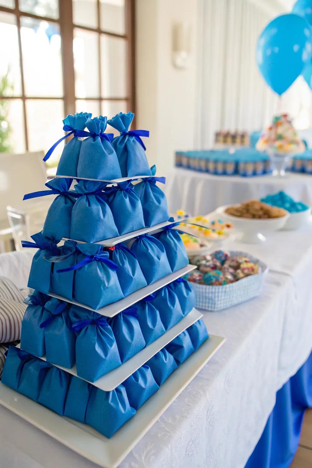 Themed candy bags matching the royal blue motif.