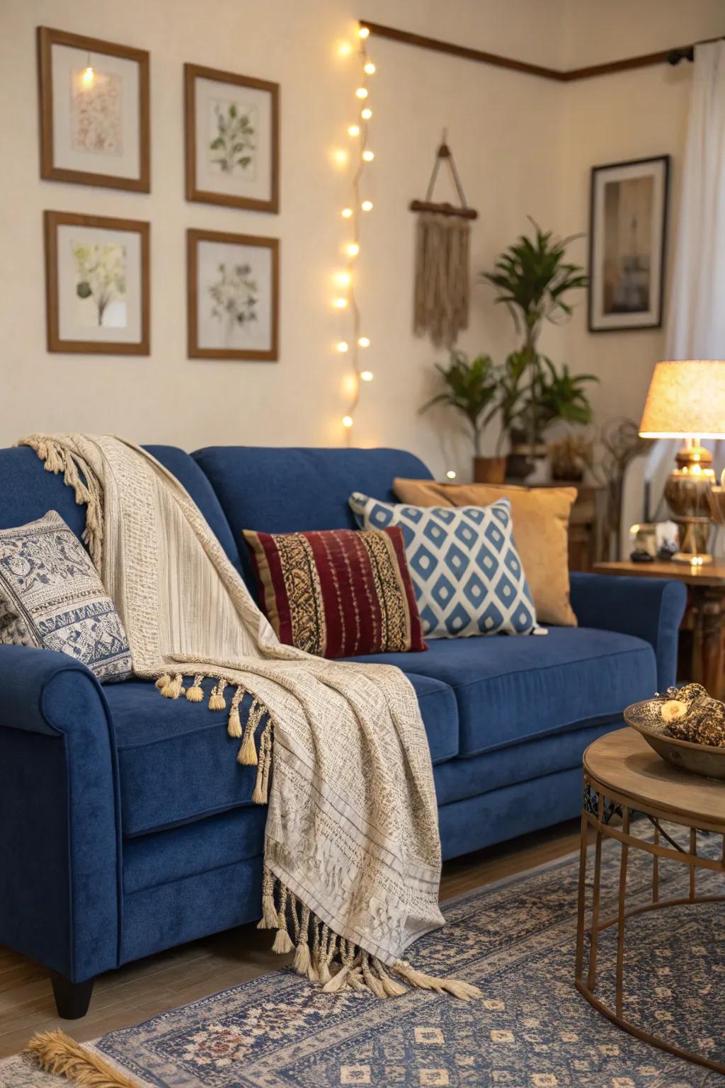 Layering throws and cushions introduces comfort and style to the sapphire-colored couch.