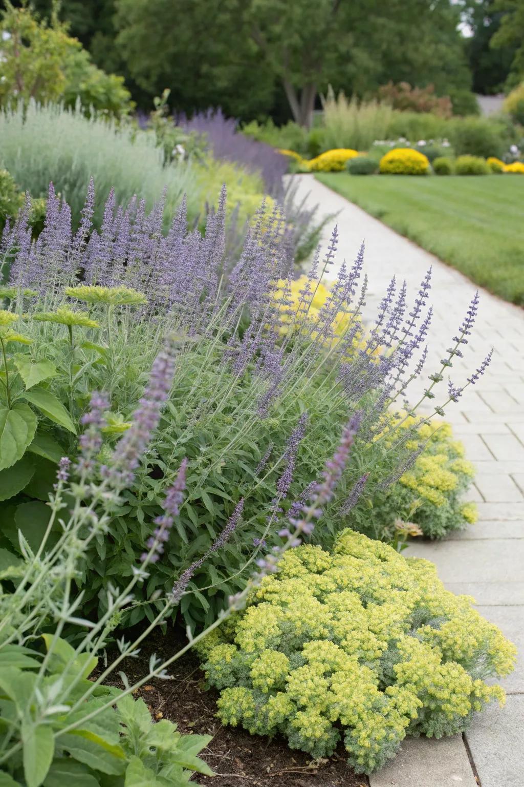 An unusual garden pairing displaying Azure blooms and stonecrop.