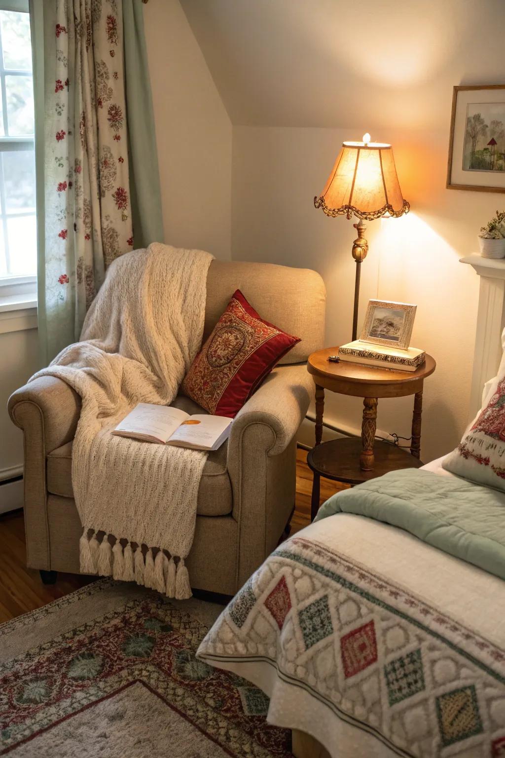 A cozy nook provides a relaxing retreat in this rustic bedroom.