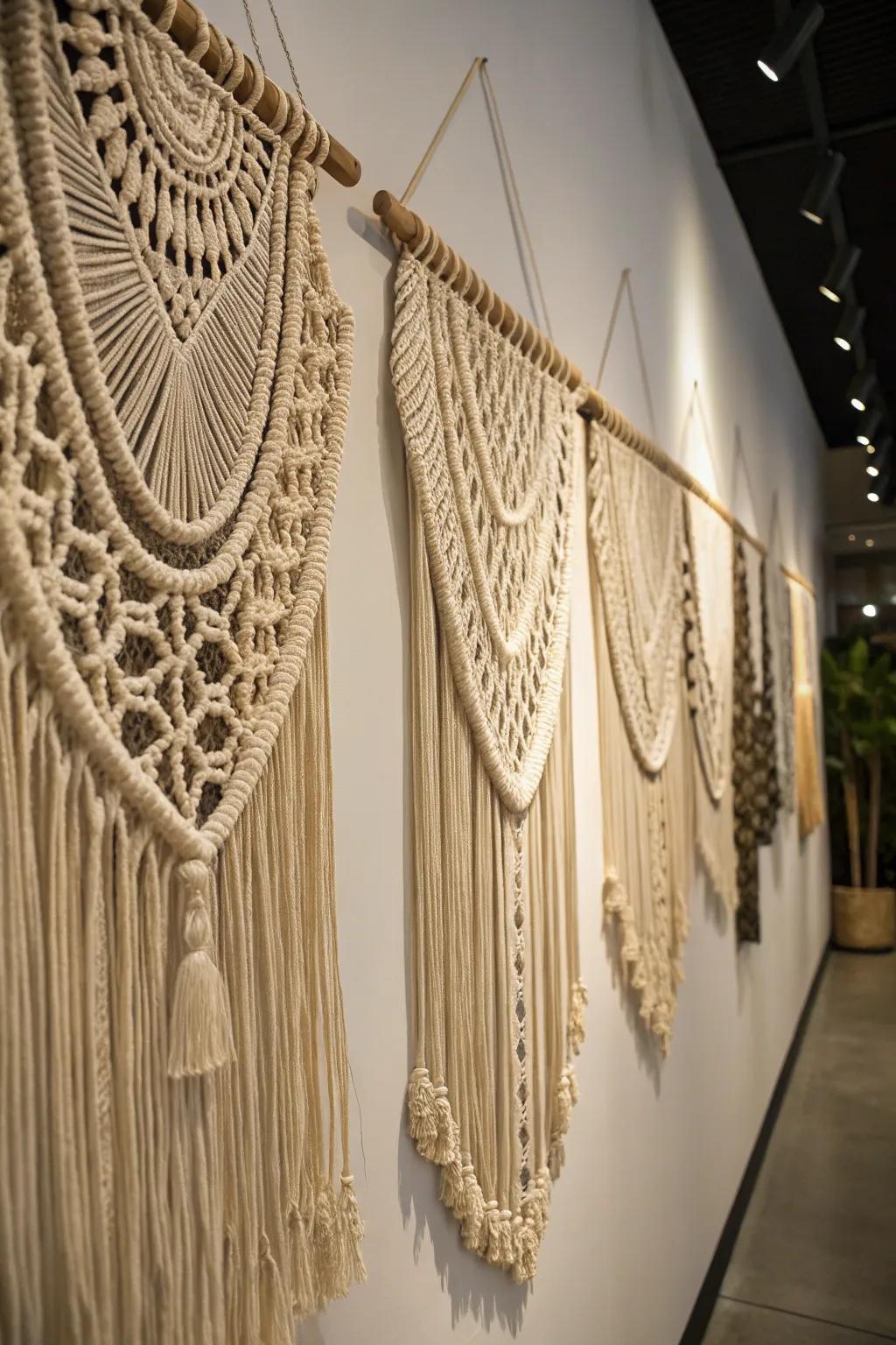 Knotted wall art adds bohemian flair and texture.