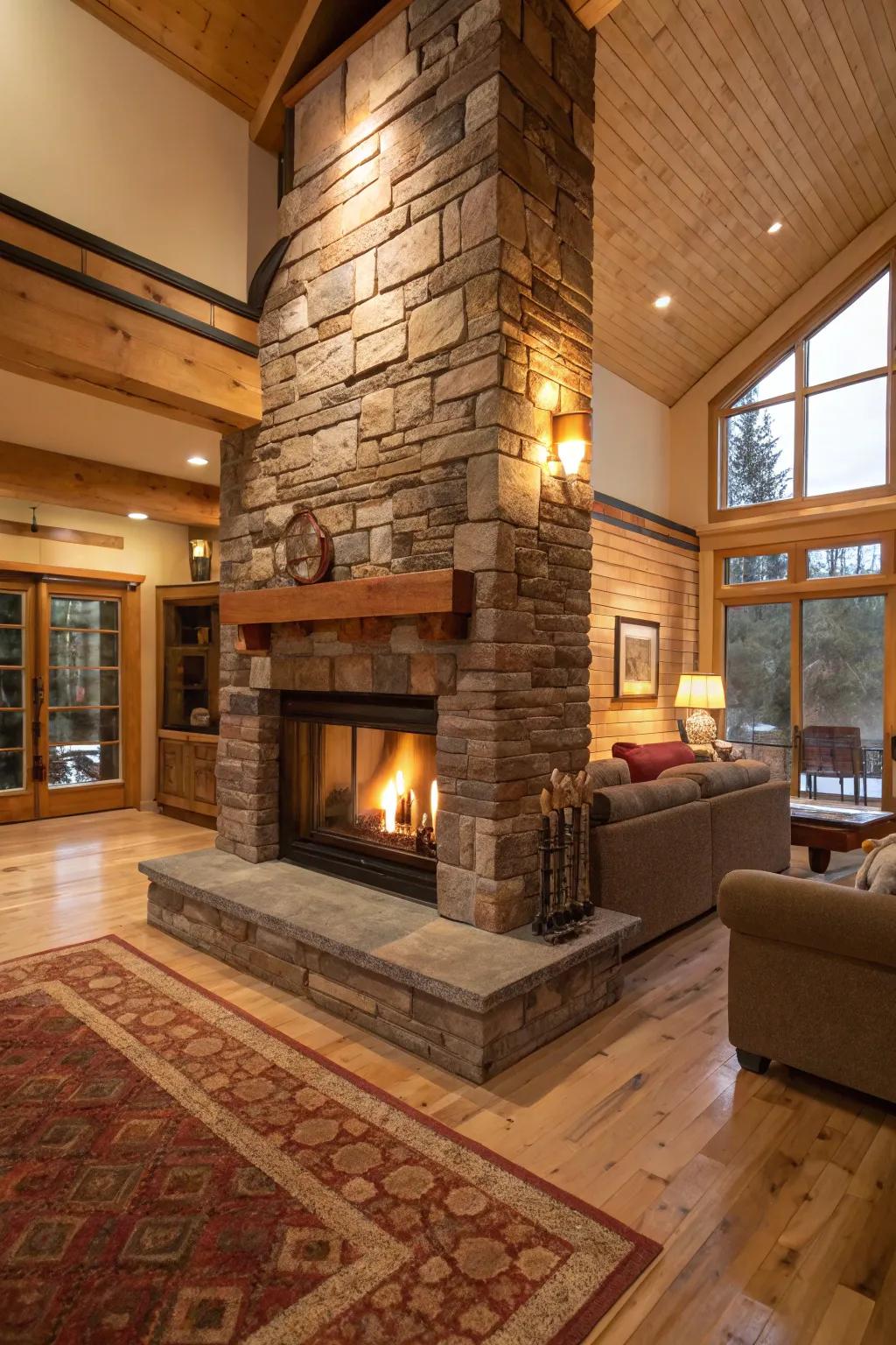 A two-sided fireplace offers warmth and a shared sight in this open area.