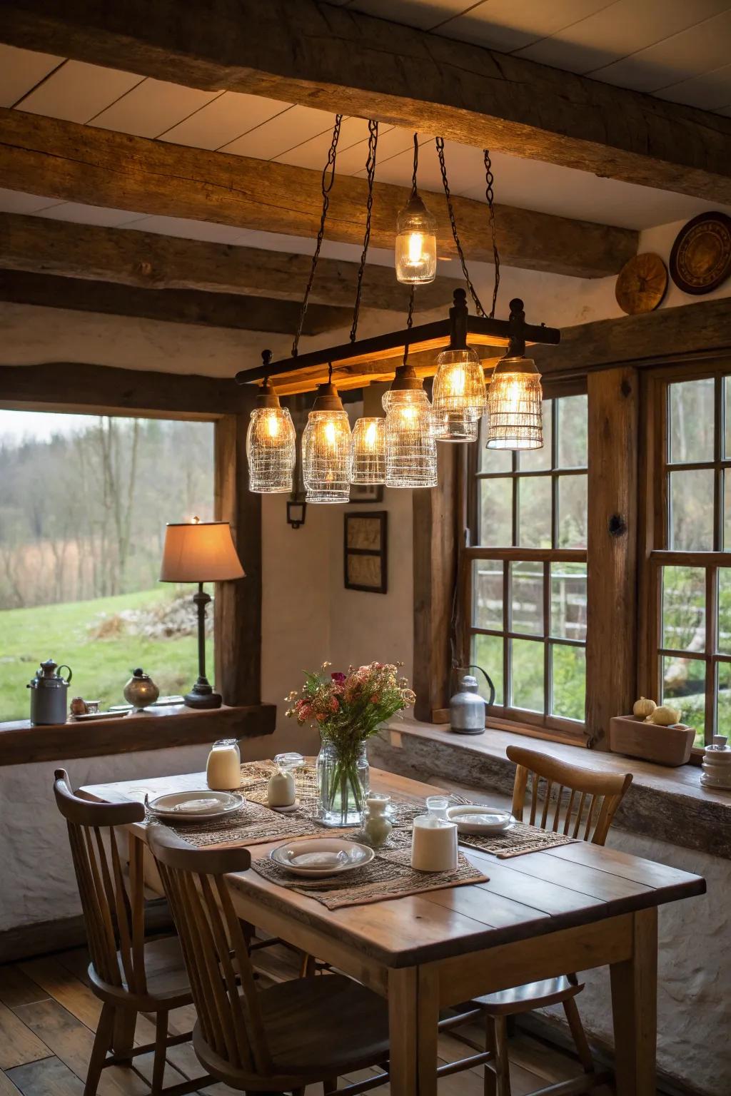 A Mason container luminaire contributes countryside whimsy to this breakfast indentation.