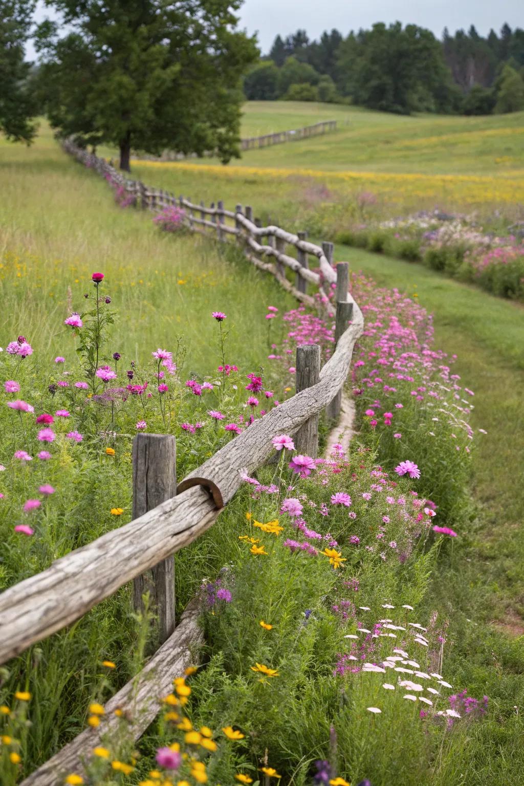 A curved log fence winds through a landscape, adding vibrant motion to the scenery.