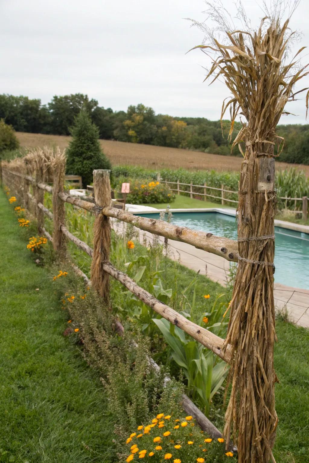 Cornstalk fencing infusing a farm-like charm into the pool zone.
