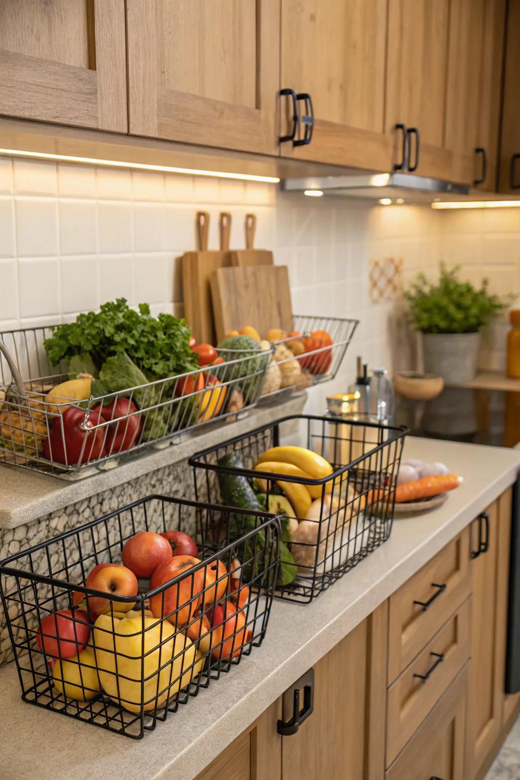 Mesh baskets provide functional storage enhanced with countryside charm.