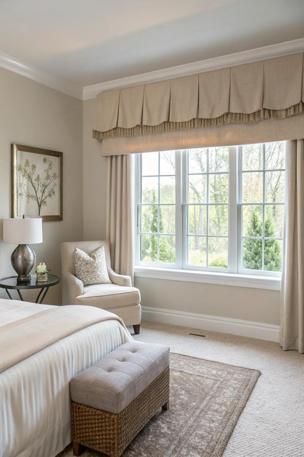 A minimalist guest quarters enhanced by a simple material valance.