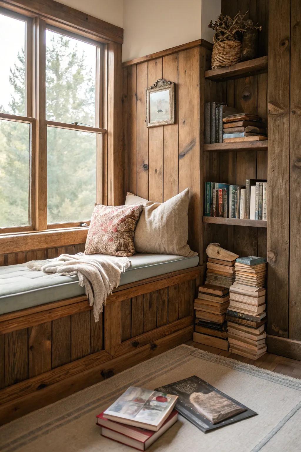 Create a cozy reading nook with rustic paneling and comfy seating.