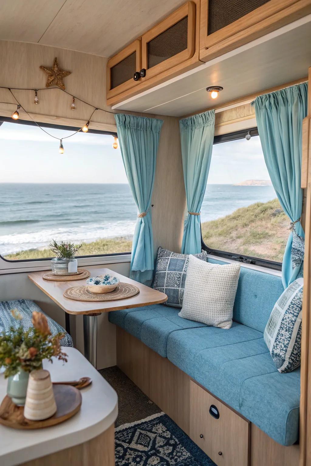 A coastal color scheme brings a revitalizing, tranquil vibe to this RV.