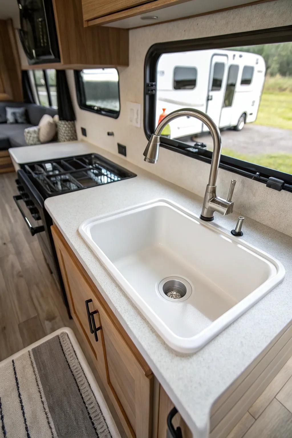 A standard sink offering simplicity in an RV kitchen.