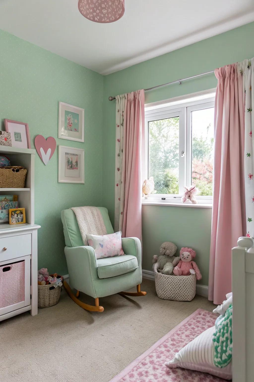 Verdant mist and pink create a contemporary and soothing nursery atmosphere.