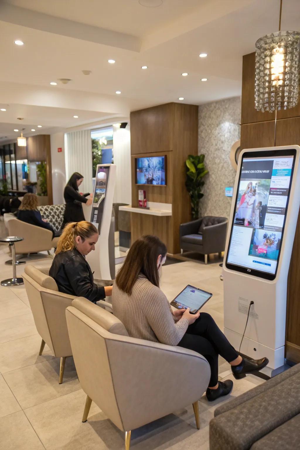 A salon reception with fun screens for client engagement.