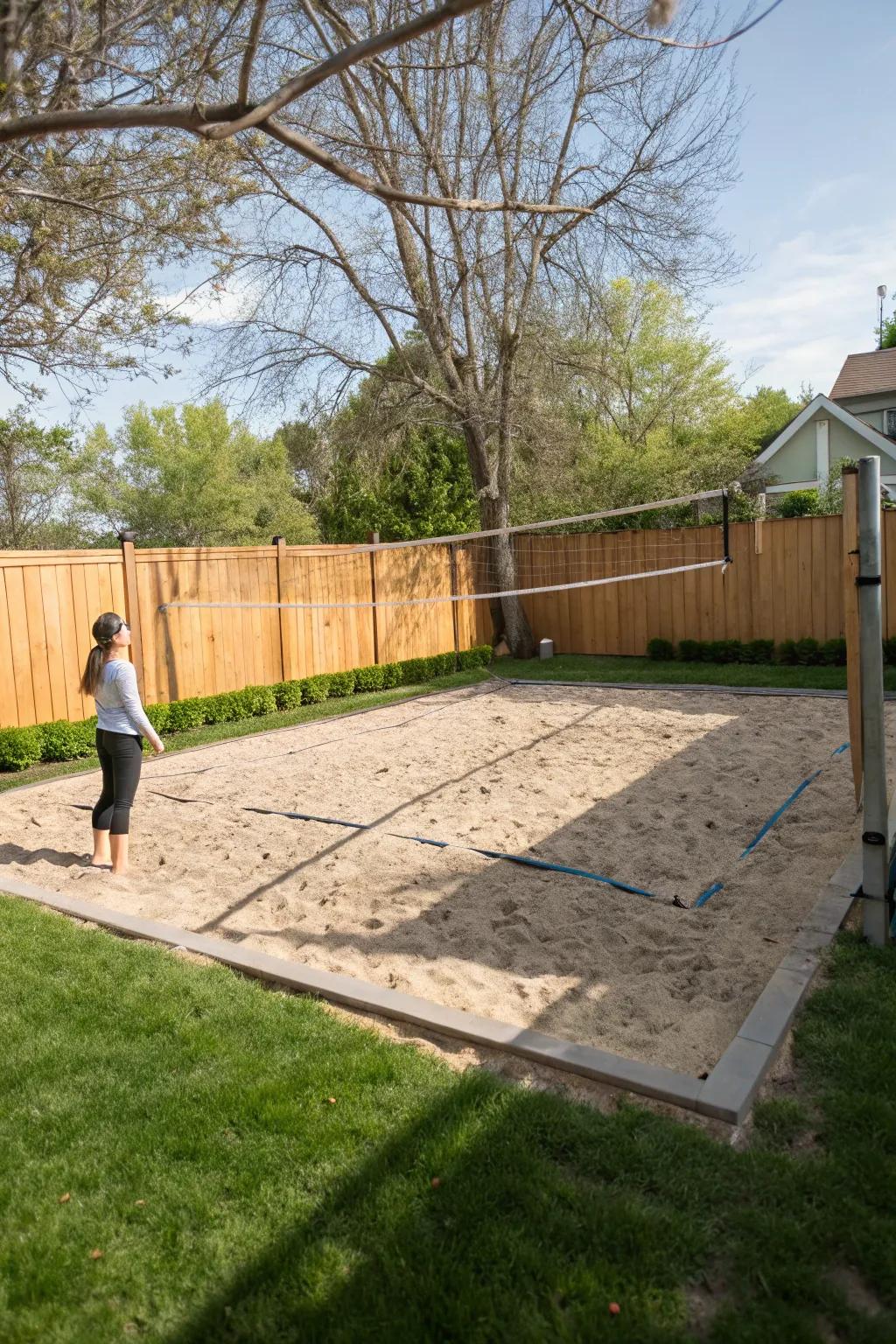 Stay vibrant with a backyard sand volleyball space.