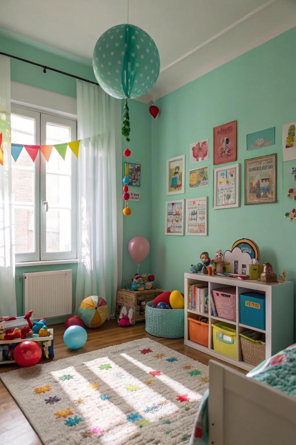A vibrant, calm kid's space, featuring soft seafoam green walls.