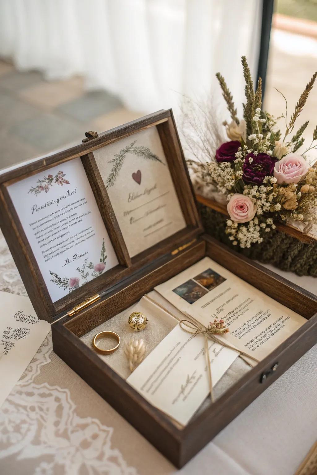 A bridal remembrance casing capturing a day of love.