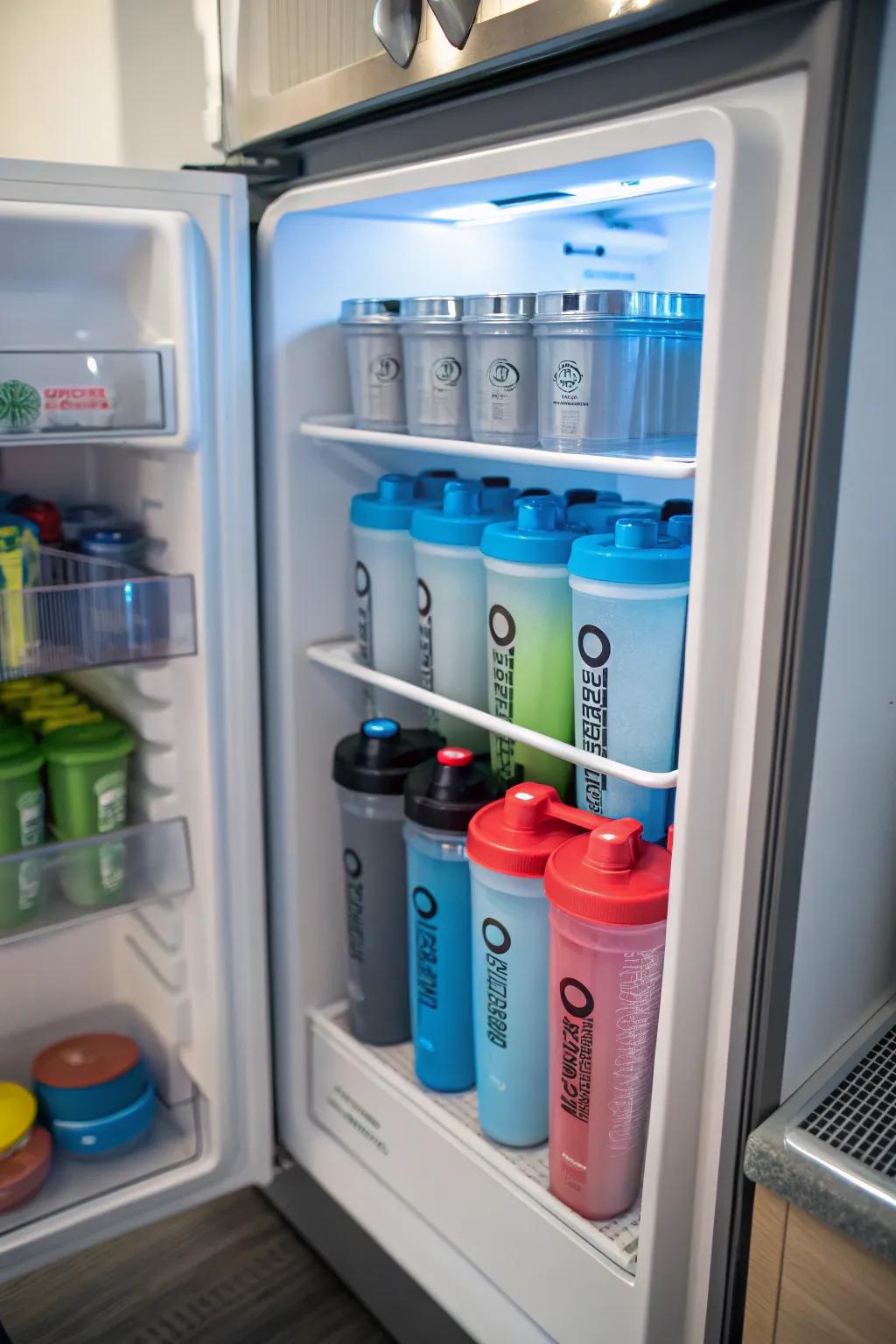 Refrigerator door storage keeps mixing containers cool and ready to use.