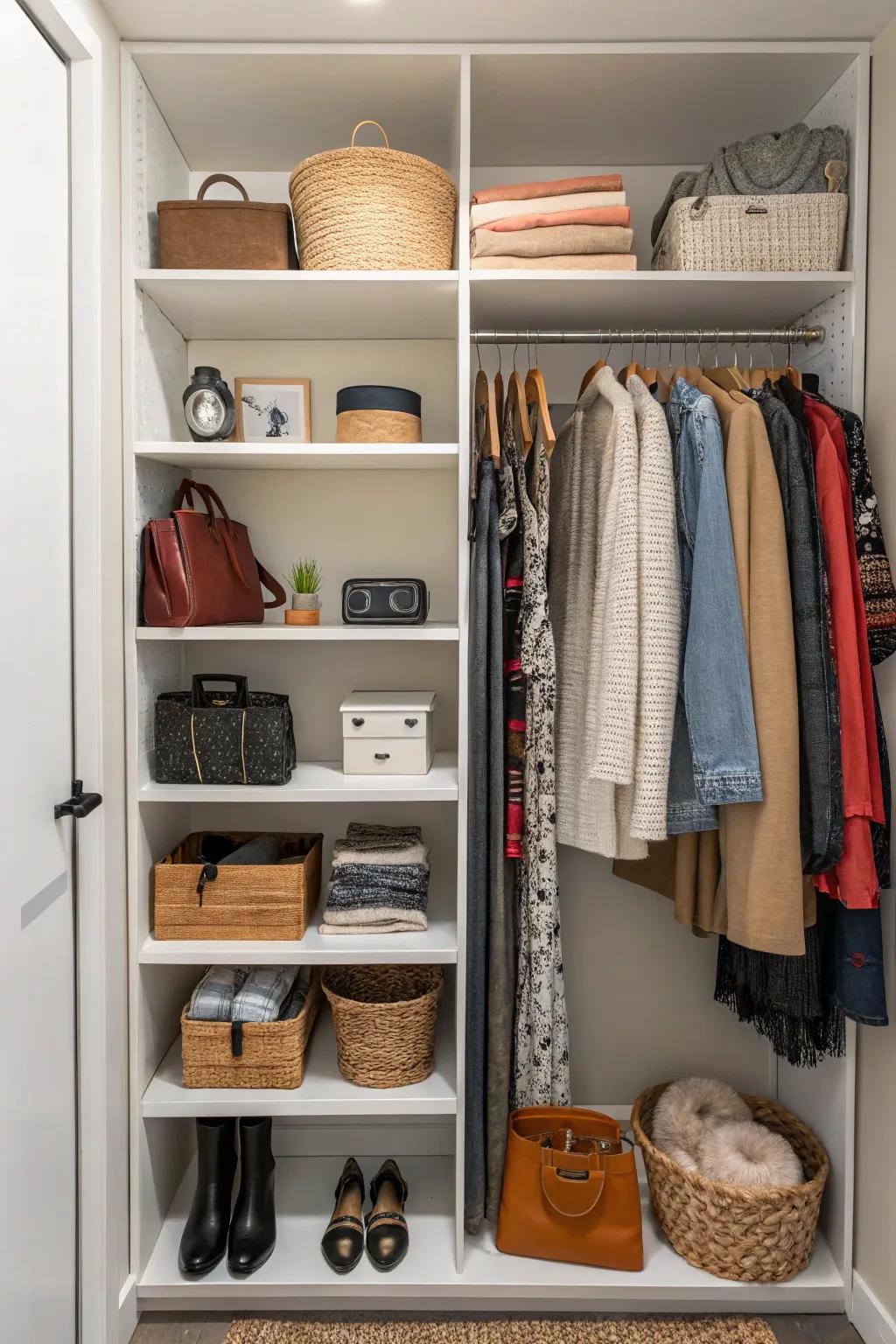 A closet featuring open shelves, transforming everyday items into part of the décor.
