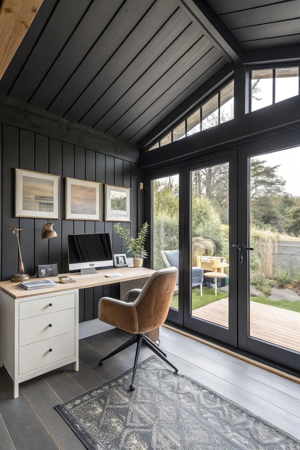 Refined matte black panels within a modern home office.