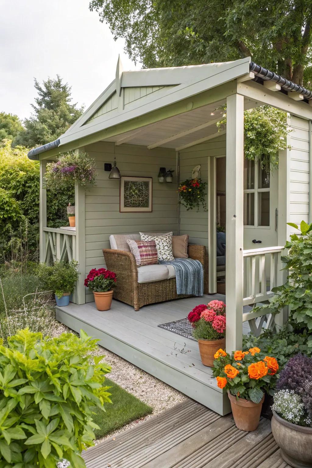 A garden shed boasting a fashionable and welcoming veranda.