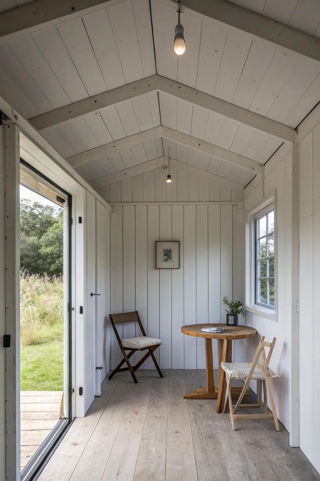 A minimalist garden shed home interior with clean lines and a clutter-free aesthetic.
