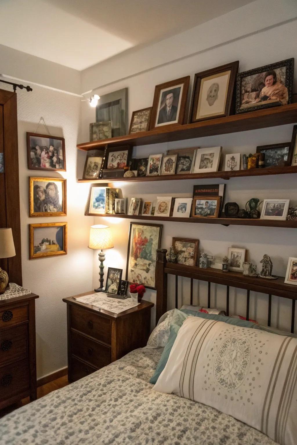 Shelves personalized with photographs and keepsakes.