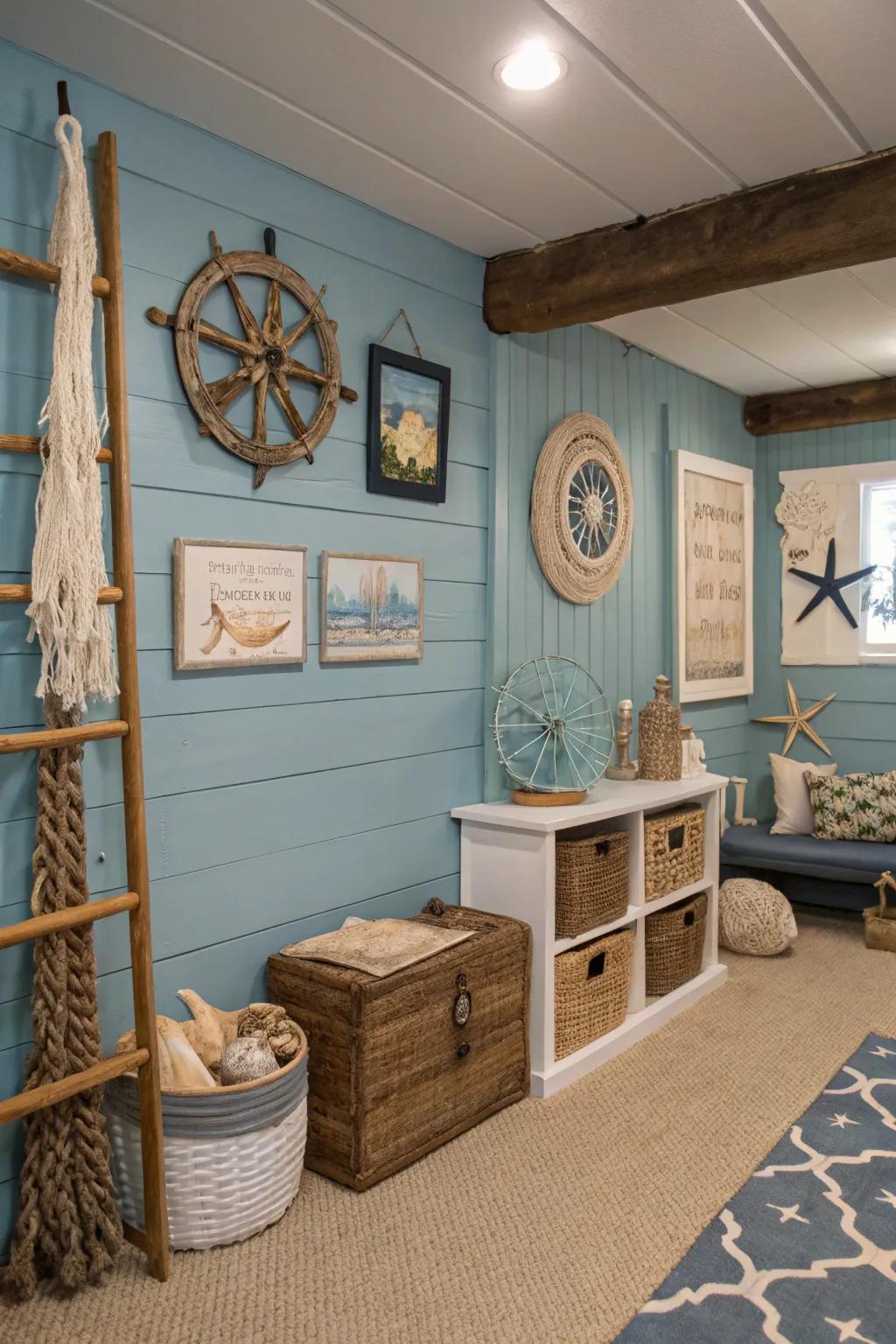 A coastal-inspired basement showcasing blue grooveboard walls.