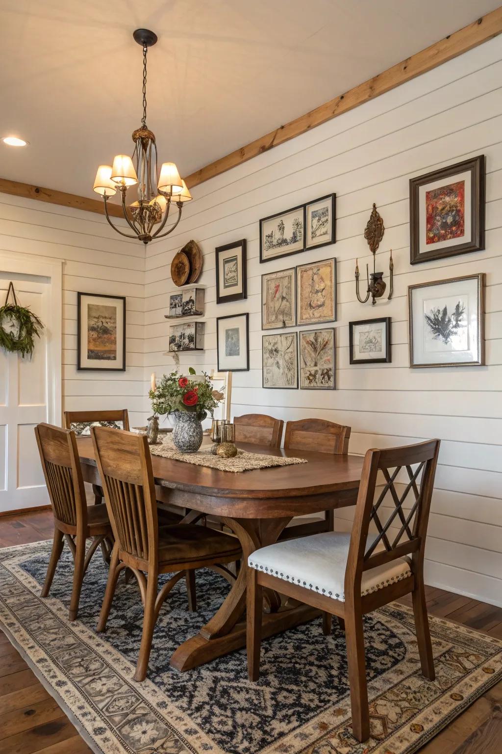 A dining room showcasing artistic flair and shiplap walls.