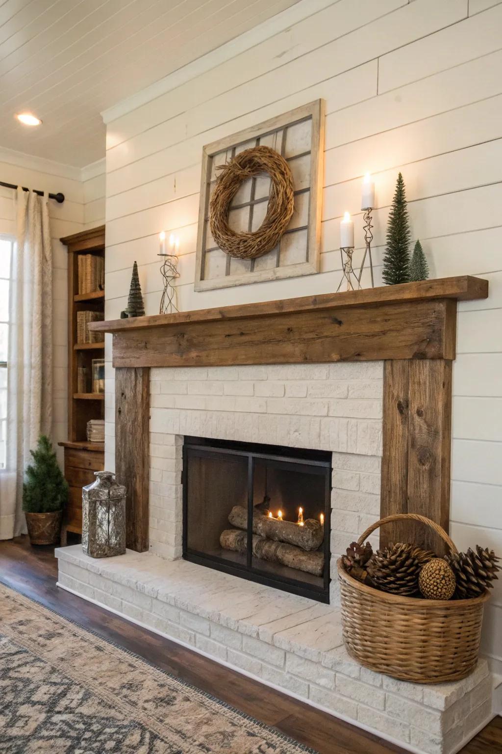 Farmhouse-style shiplap fireplace crafting a cozy country home atmosphere.