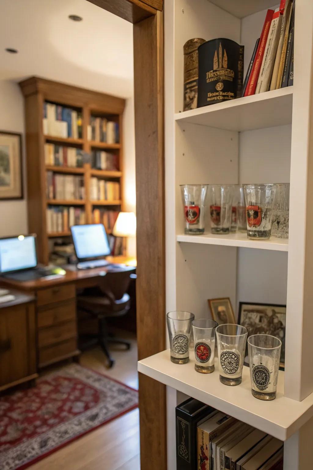 A study space showcasing a recess presentation unit creatively filled with shot glasses.
