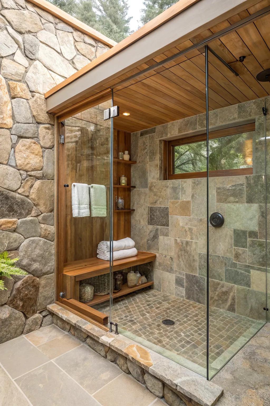 A shower featuring a blend of stone, glass, and wood elements.