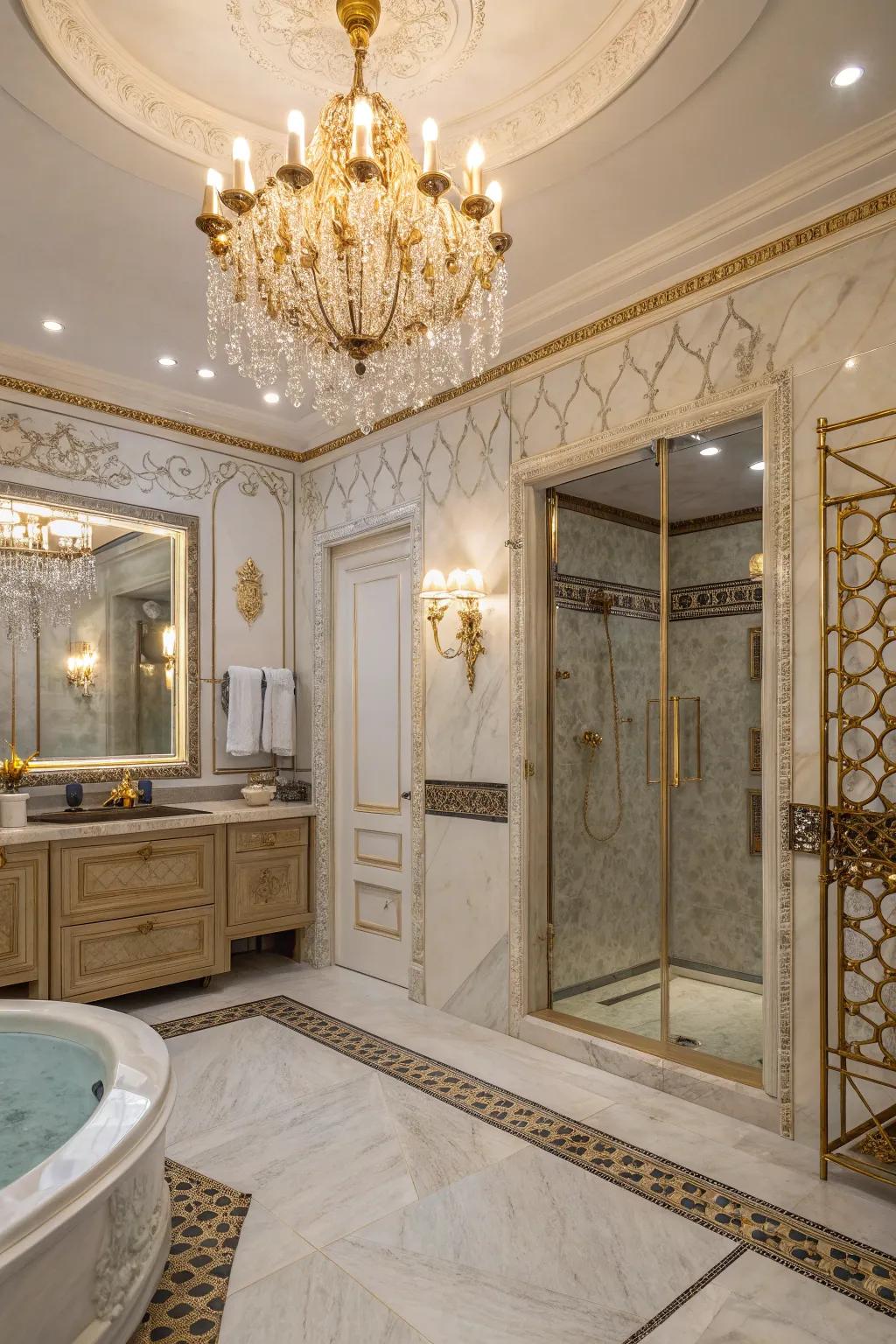 Chandeliers introduce a luxurious and elegant touch to the shower.