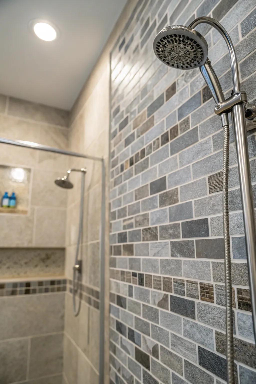 Layered hues of grey tiles for added dimension.