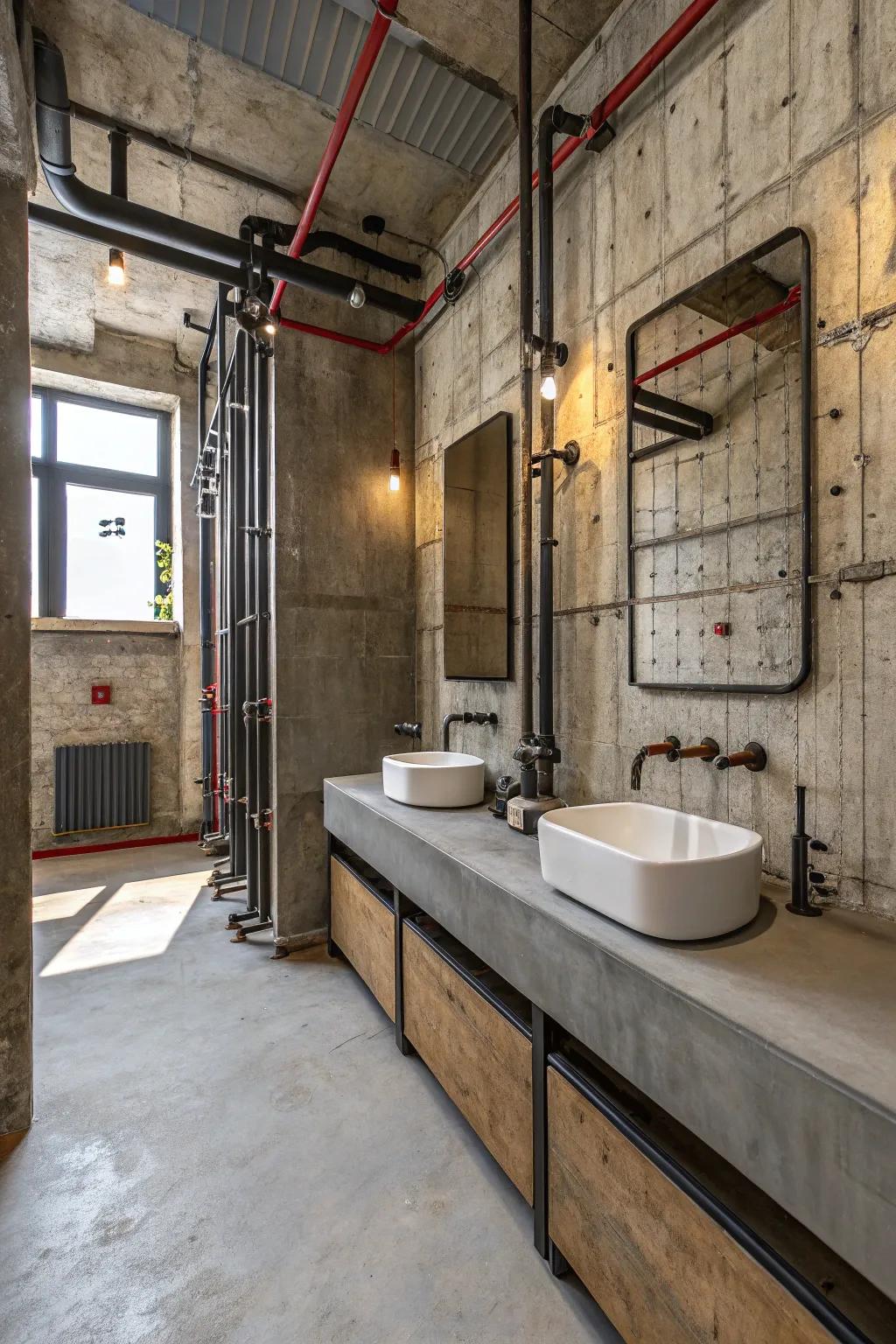 Industrial design lends a distinctive edge to this restroom.